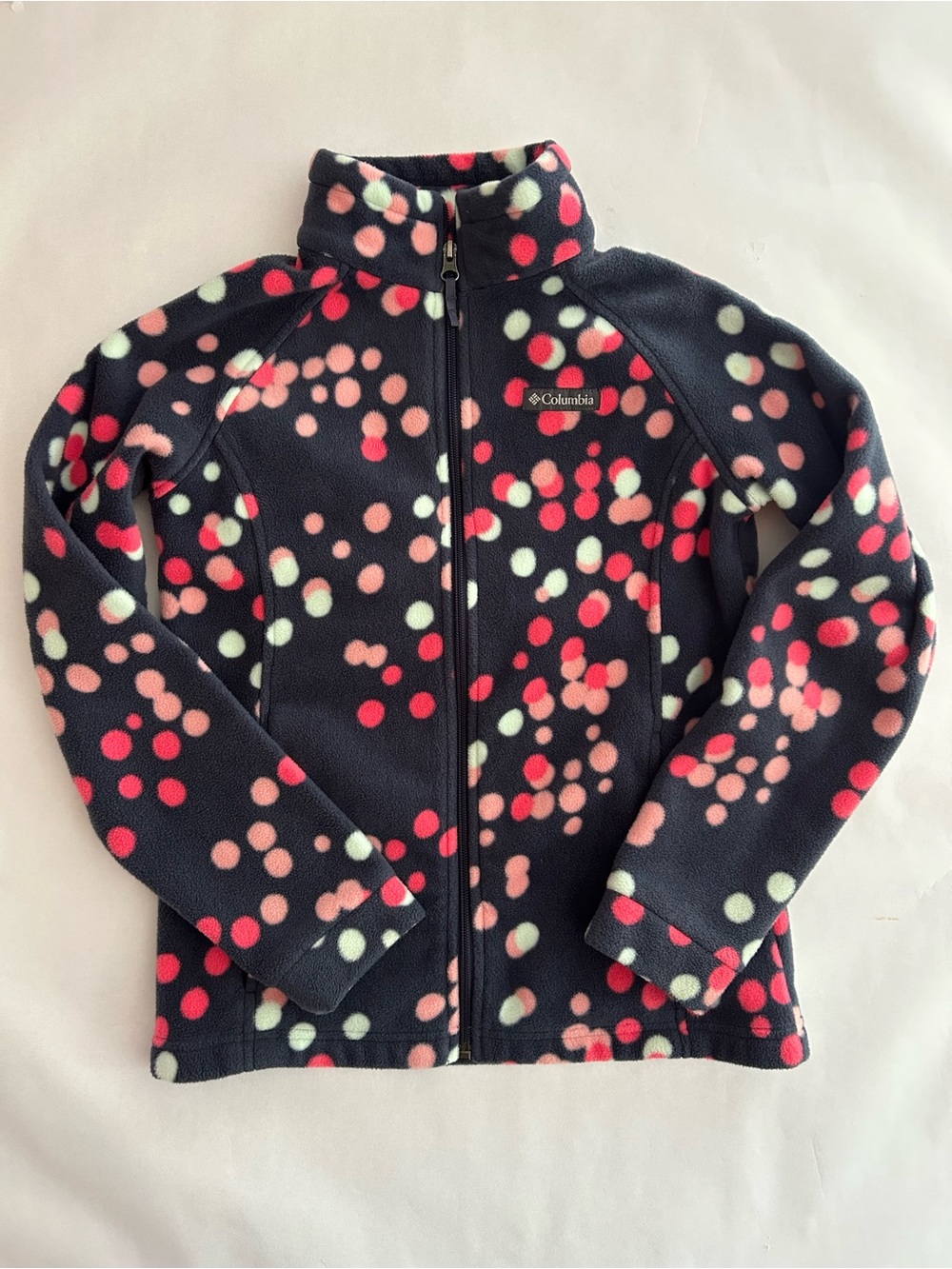 Columbia Navy Fleece Jacket with Pink and Cream Dot Print